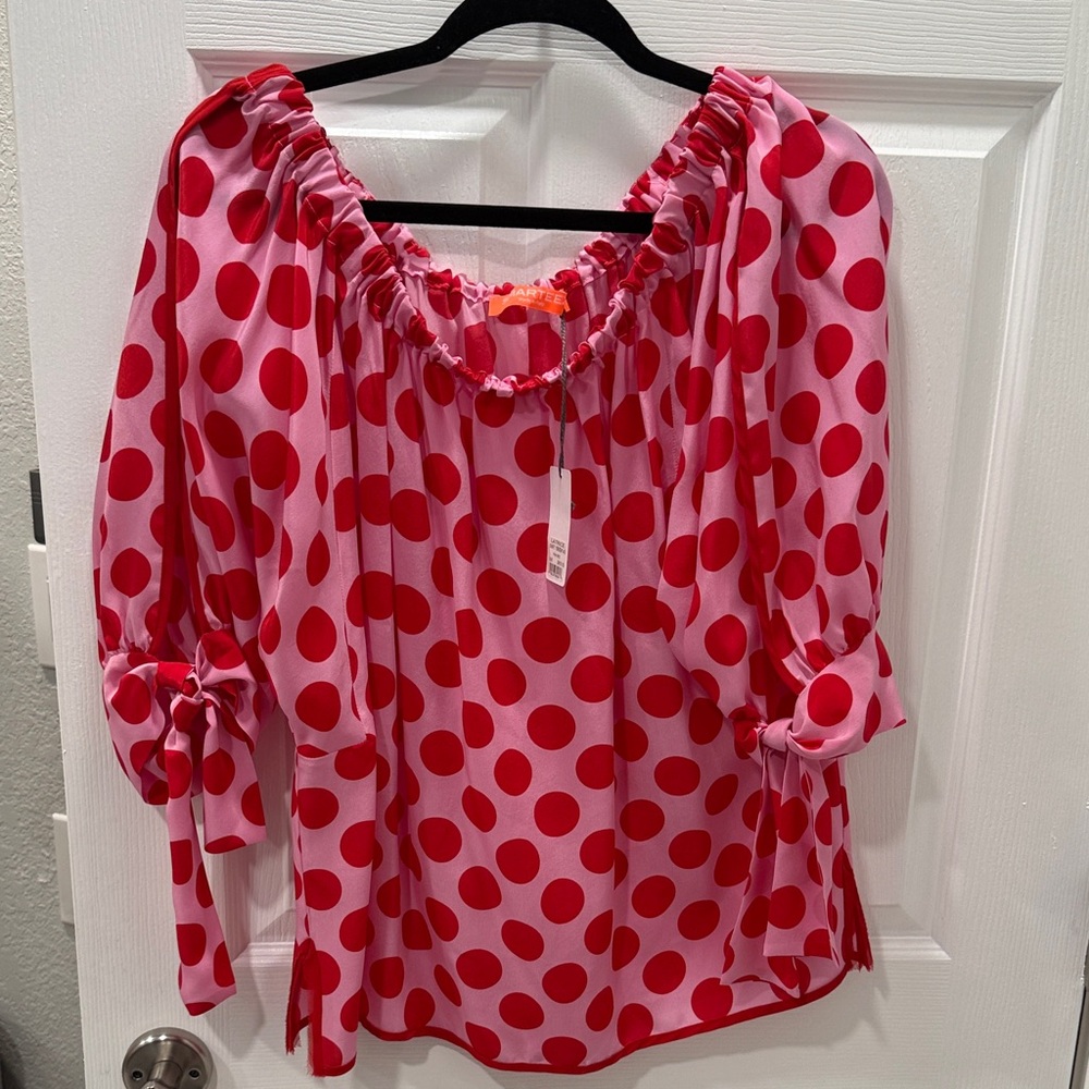 NWT Smarteez Latrice Pink and Red Polka Dot Italian Silk Blouse. Retails $650.
